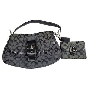 Coach Soho Signature Flap Bag Black Gray F17093 Handbag with Matching Wallet Set